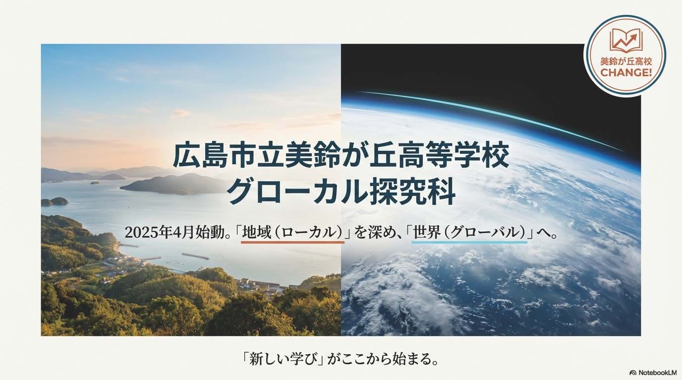 広島市美鈴が丘高等学校グローカル探究科 2025年4月始動。「地域（ローカル）」を深め、「世界（グローバル）」へ。 「新しい学び」がここから始まる。